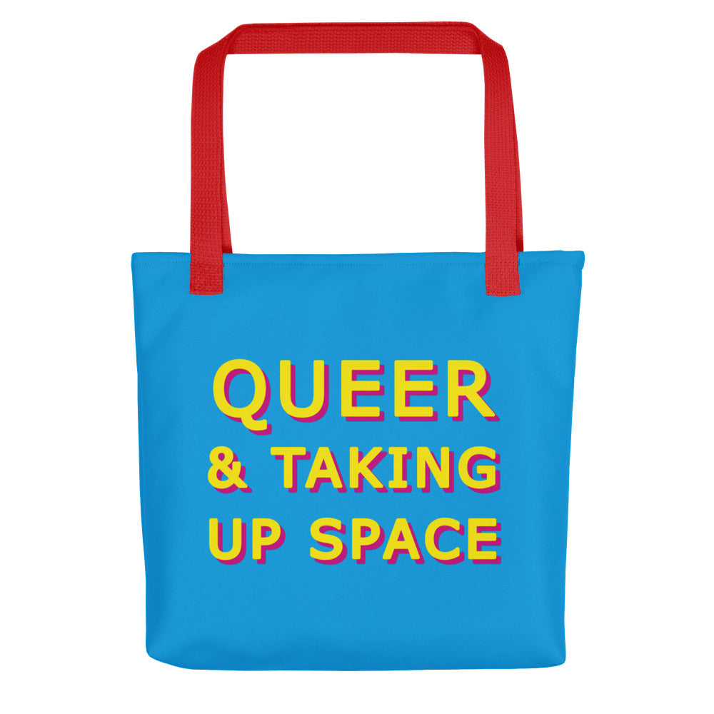 Queer & Taking Up Space Blue & Yellow Tote Bags