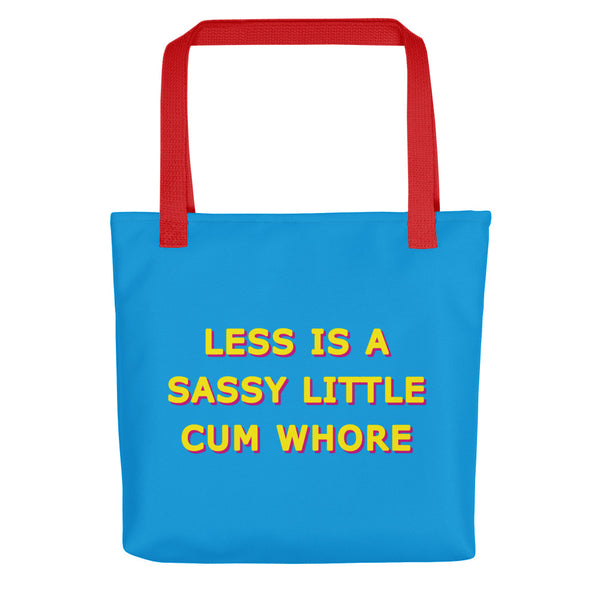 Less Is A Sassy Little Cum Whore Blue & Yellow Tote Bags