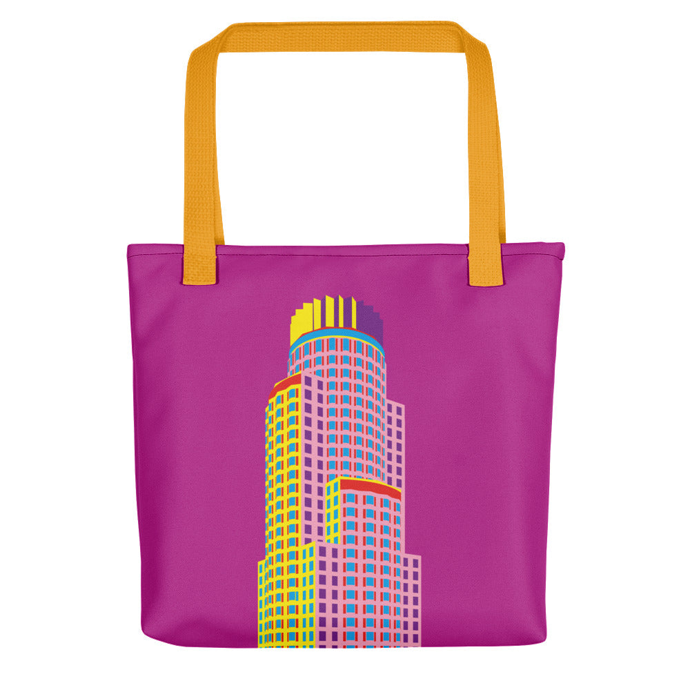 US Bank Tower Los Angeles Postmodern Architecture print, gift, Pei Cobb Freed, 1980s aesthetics, bold color bag tote