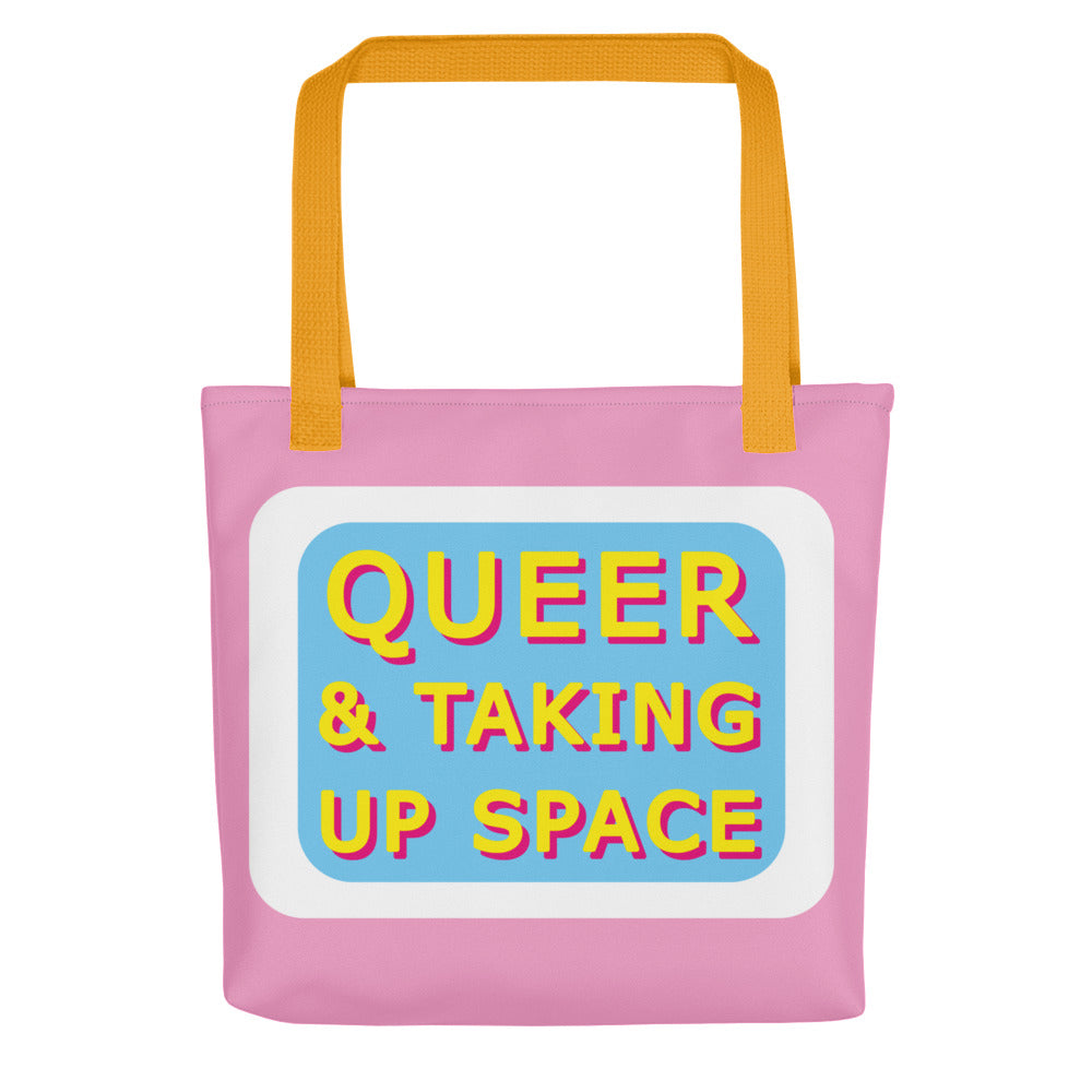 Queer & Taking Up Space Pink, Blue & White Tote Bags