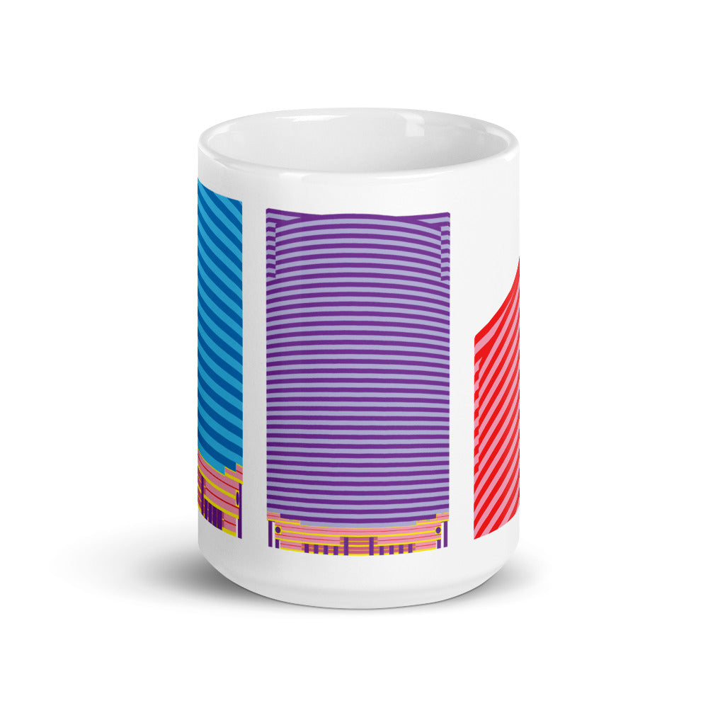 The 333 Wacker Drive (by Kohn Pederson Fox Associates, Chicago, 1983) mug from the Pomo icons collection, Postmodern architecture, postmodernism, Chicago architecture, gifts
