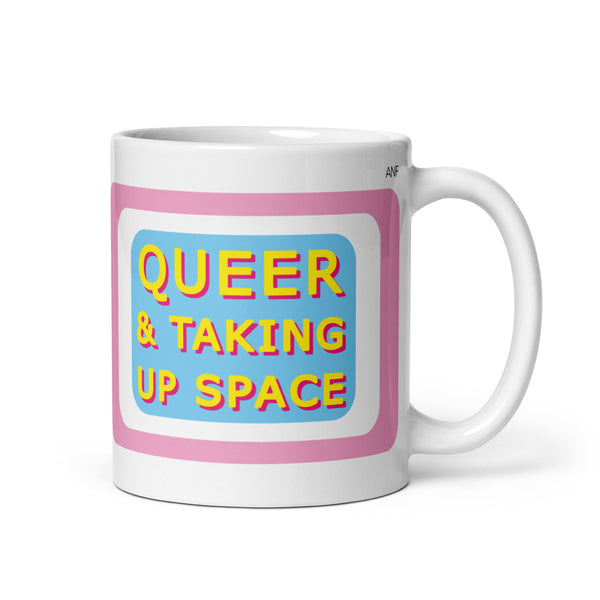 Queer & Taking Up Space Blue, White & Pink Mug